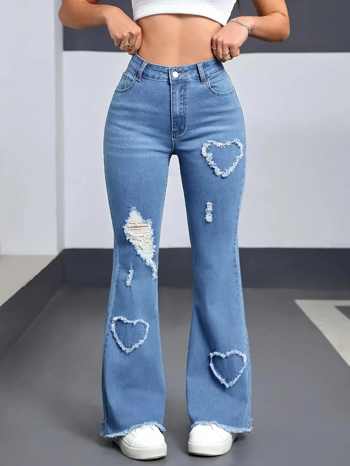 Women's High-Waisted Baggy Boot Pants with Stretch Washed Heart Embroidery Original Straight Jeans Frayed