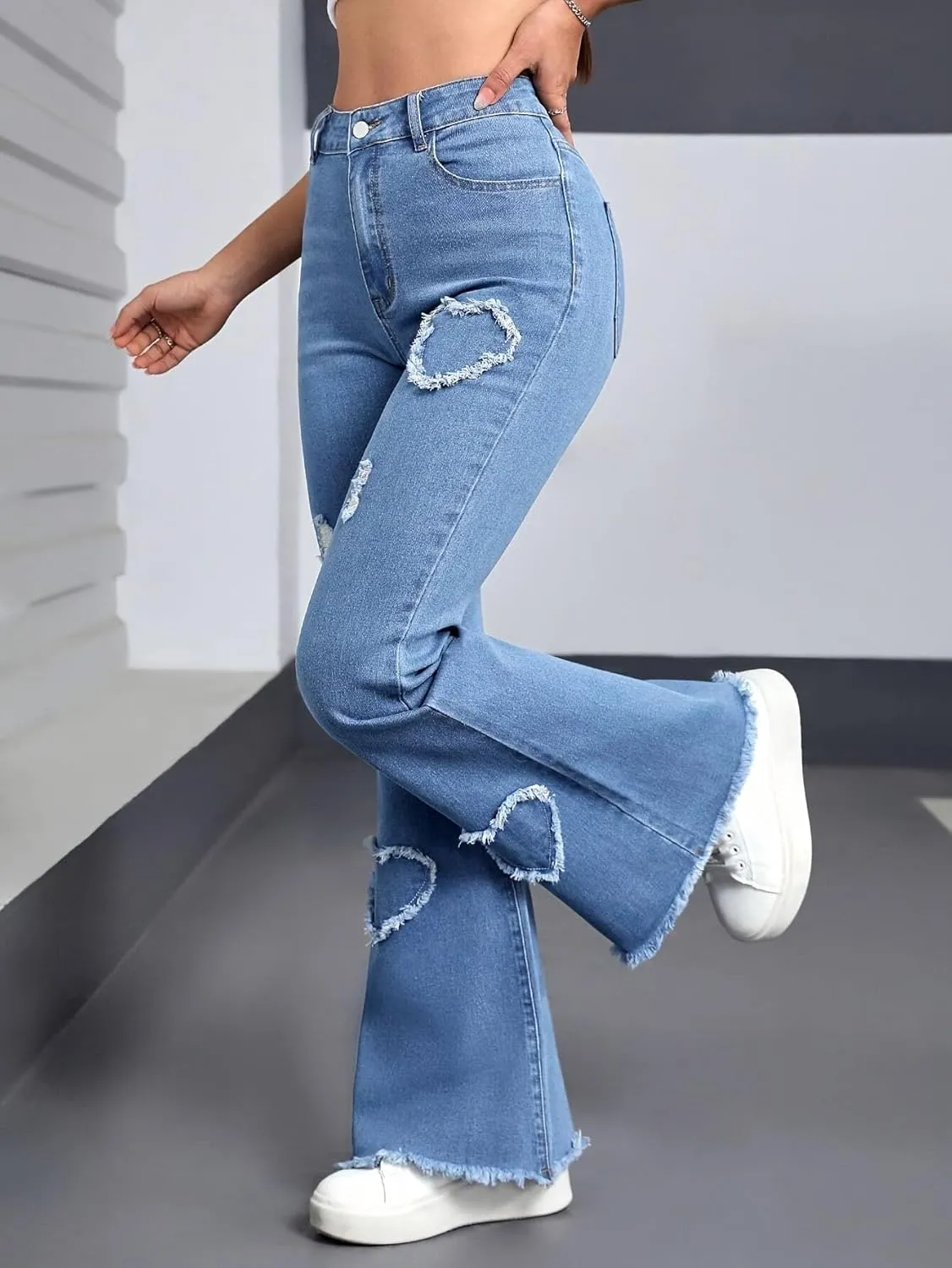 Women's High-Waisted Baggy Boot Pants with Stretch Washed Heart Embroidery Original Straight Jeans Frayed