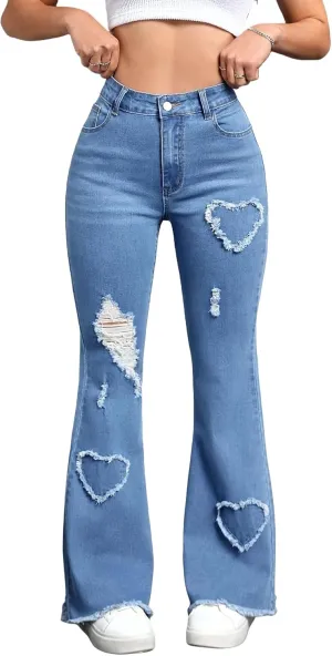 Women's High-Waisted Baggy Boot Pants with Stretch Washed Heart Embroidery Original Straight Jeans Frayed