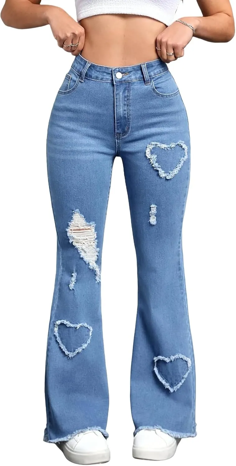 Women's High-Waisted Baggy Boot Pants with Stretch Washed Heart Embroidery Original Straight Jeans Frayed