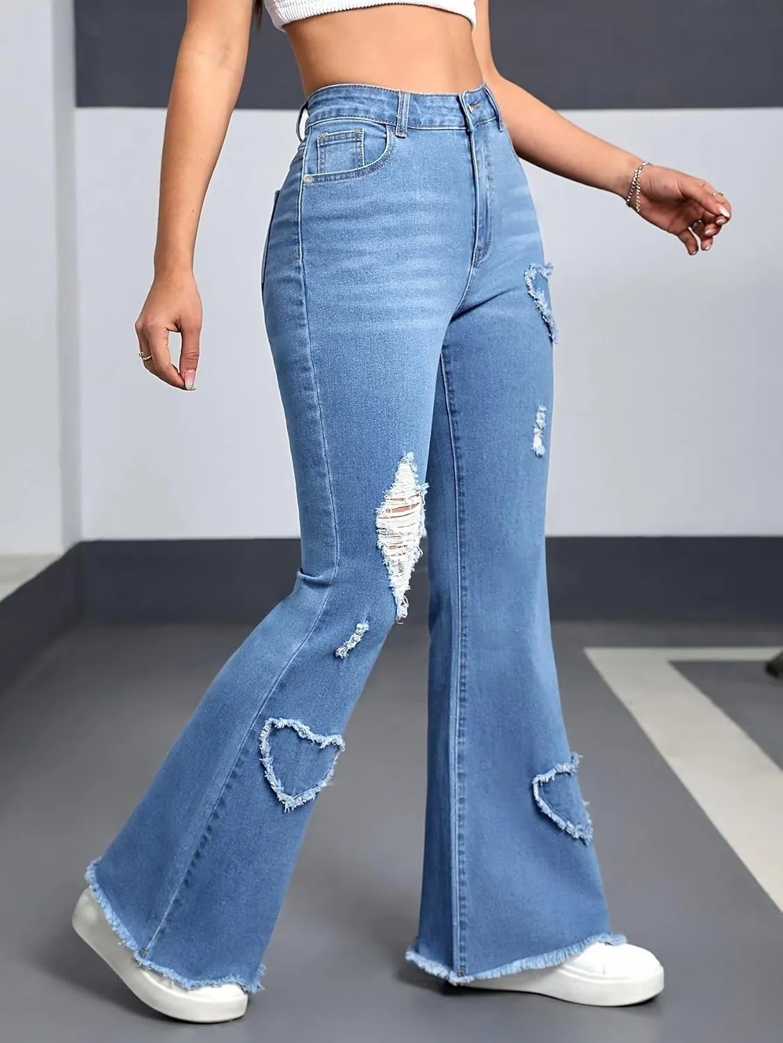 Women's High-Waisted Baggy Boot Pants with Stretch Washed Heart Embroidery Original Straight Jeans Frayed