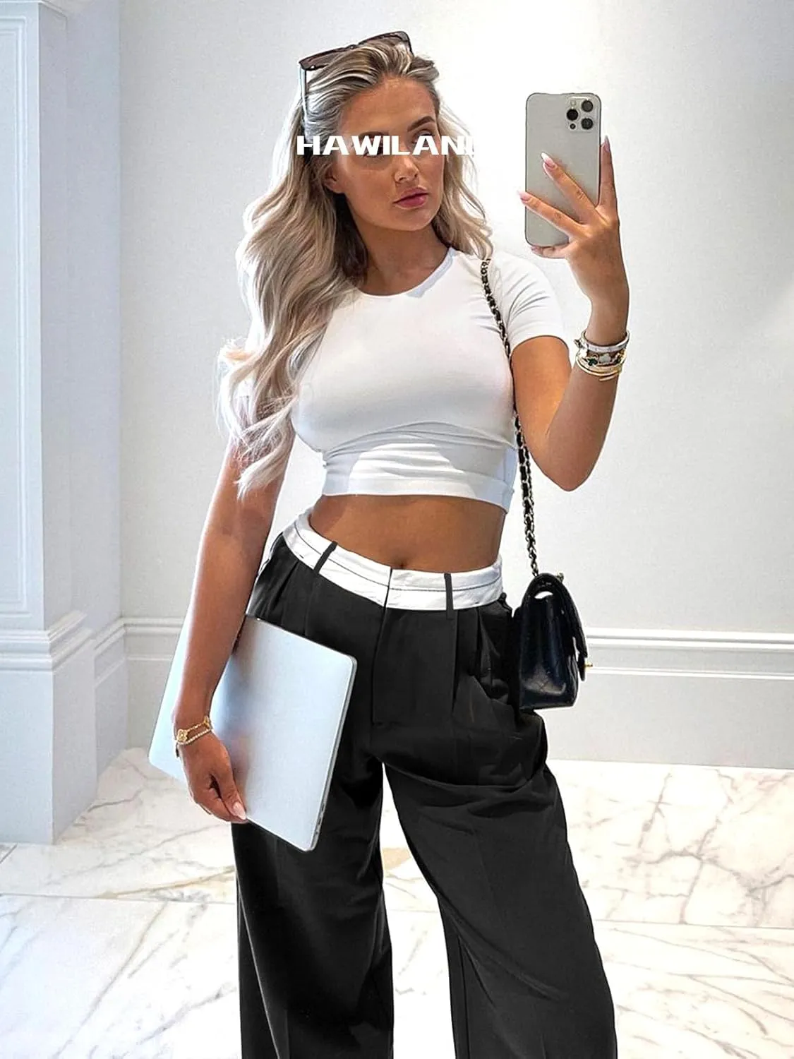 Women's High Waisted Wide Leg Pants Business Work Trousers with Pocket Long Straight Suit Pants