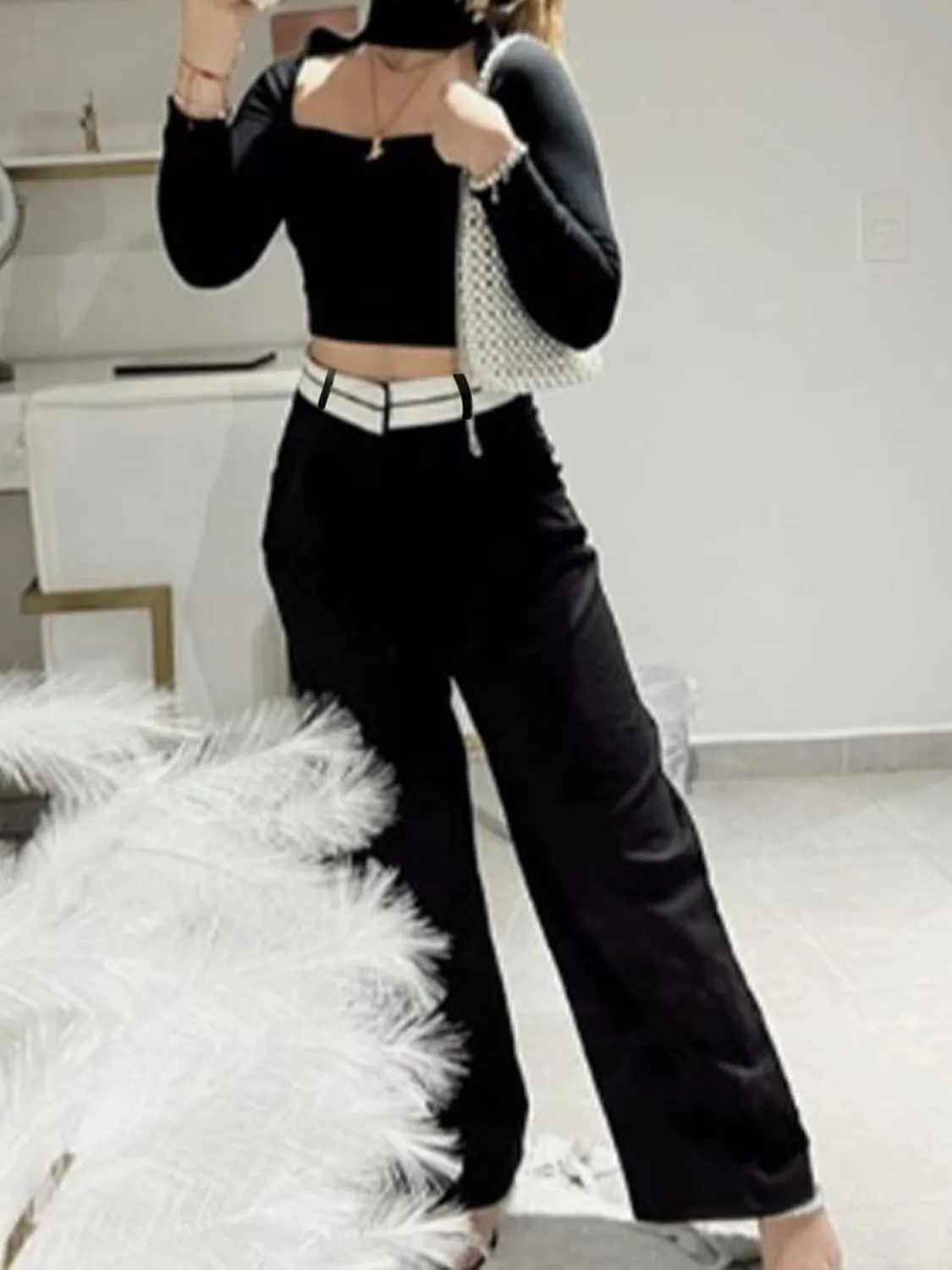 Women's High Waisted Wide Leg Pants Business Work Trousers with Pocket Long Straight Suit Pants
