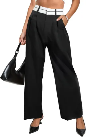 Women's High Waisted Wide Leg Pants Business Work Trousers with Pocket Long Straight Suit Pants