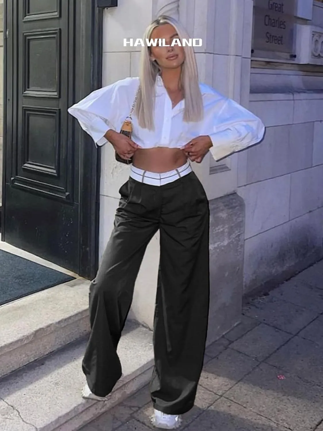 Women's High Waisted Wide Leg Pants Business Work Trousers with Pocket Long Straight Suit Pants