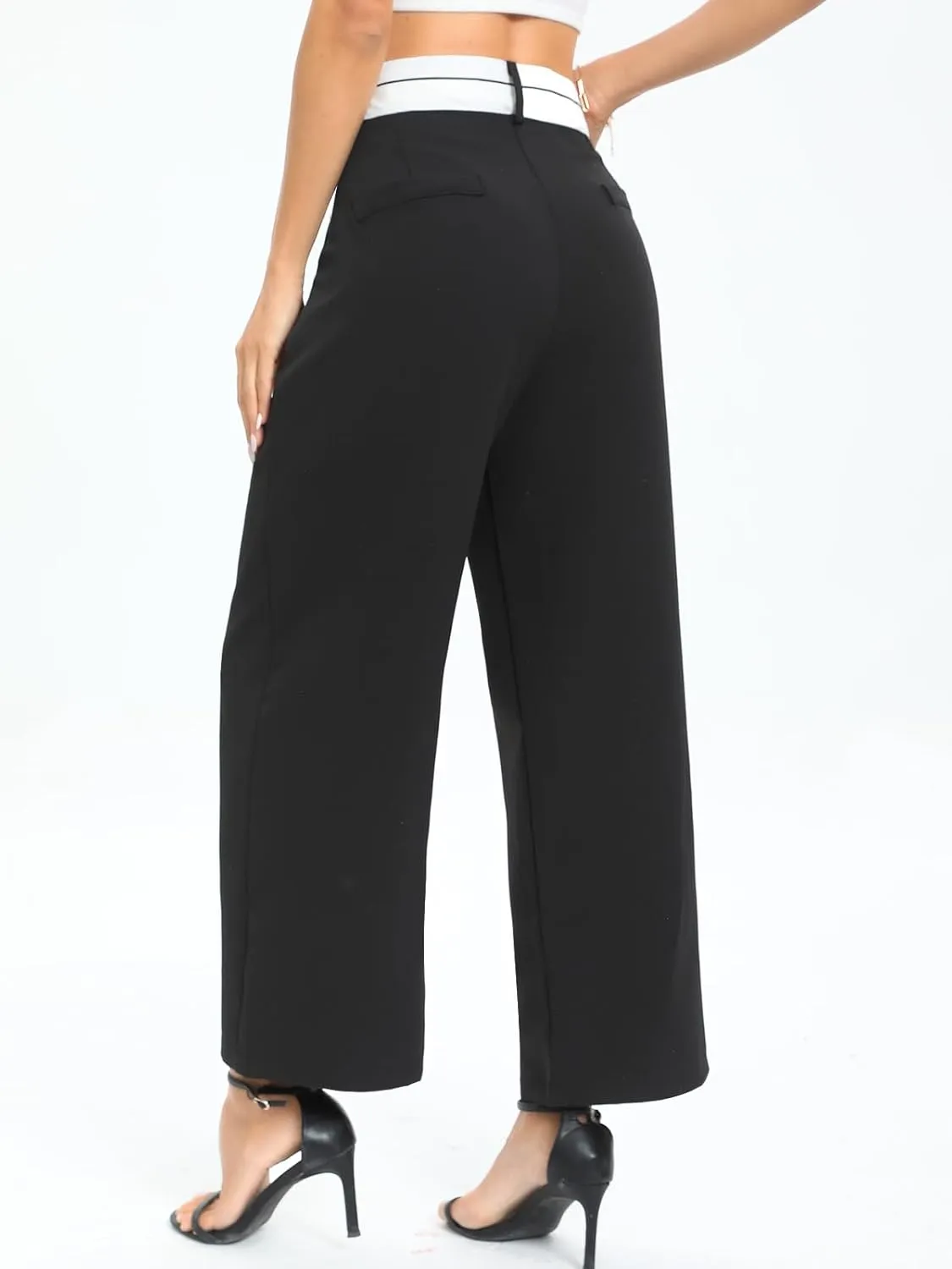 Women's High Waisted Wide Leg Pants Business Work Trousers with Pocket Long Straight Suit Pants
