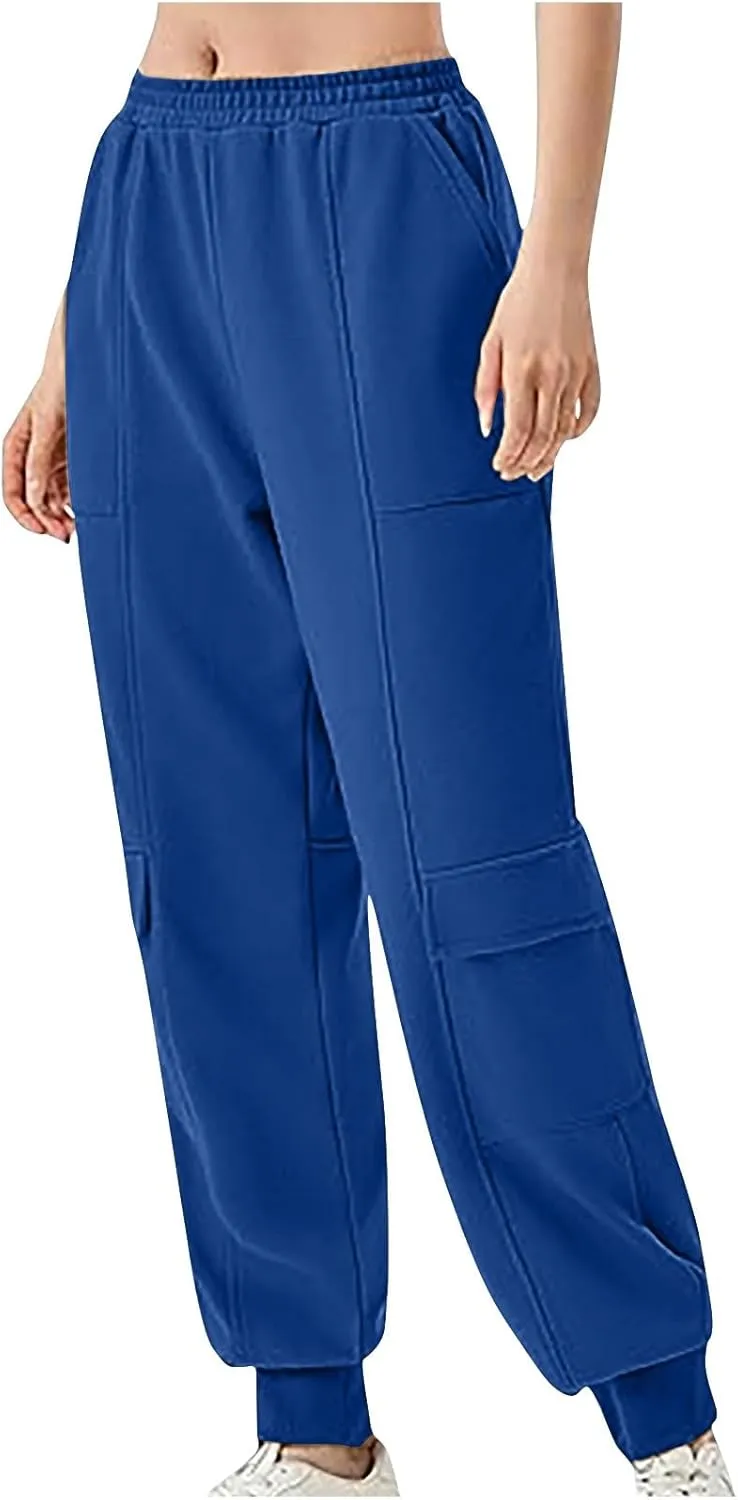 Women's Jogger Pant Fall Trendy Elastic Vertical Crop Solid Pant Straight Leg Ankle Bind Slim Sweatpant with Pocket