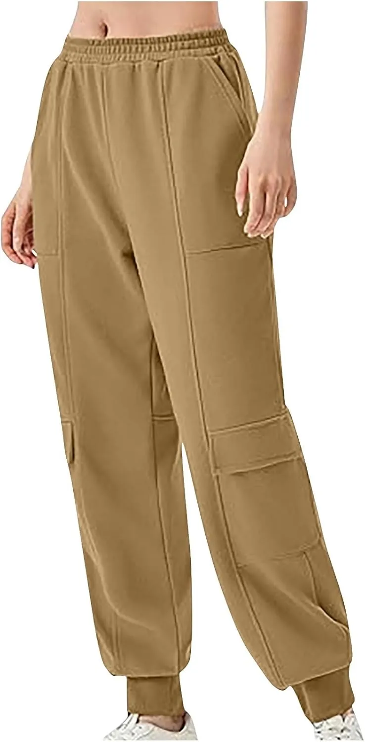 Women's Jogger Pant Fall Trendy Elastic Vertical Crop Solid Pant Straight Leg Ankle Bind Slim Sweatpant with Pocket