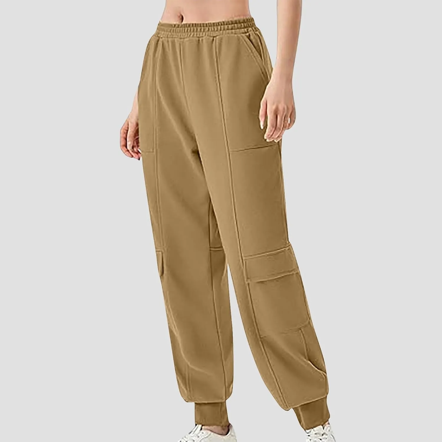 Women's Jogger Pant Fall Trendy Elastic Vertical Crop Solid Pant Straight Leg Ankle Bind Slim Sweatpant with Pocket