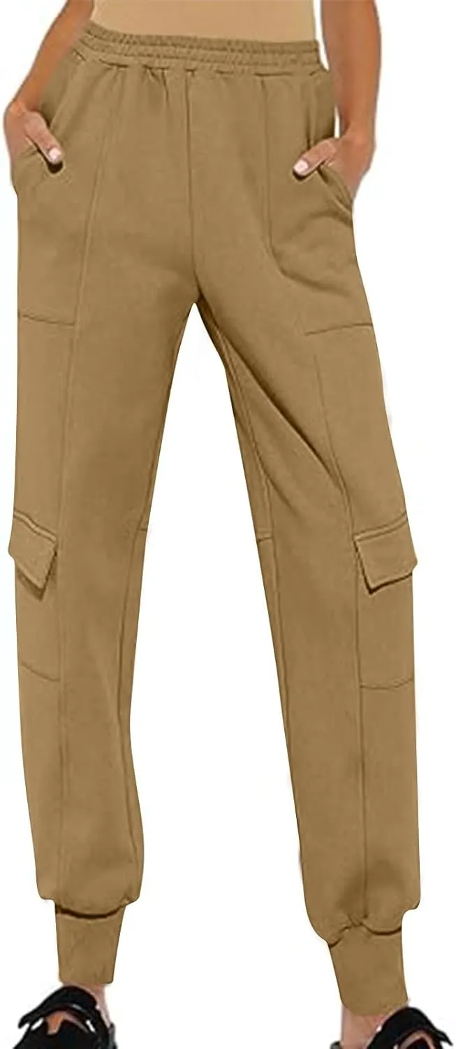 Women's Jogger Pant Fall Trendy Elastic Vertical Crop Solid Pant Straight Leg Ankle Bind Slim Sweatpant with Pocket