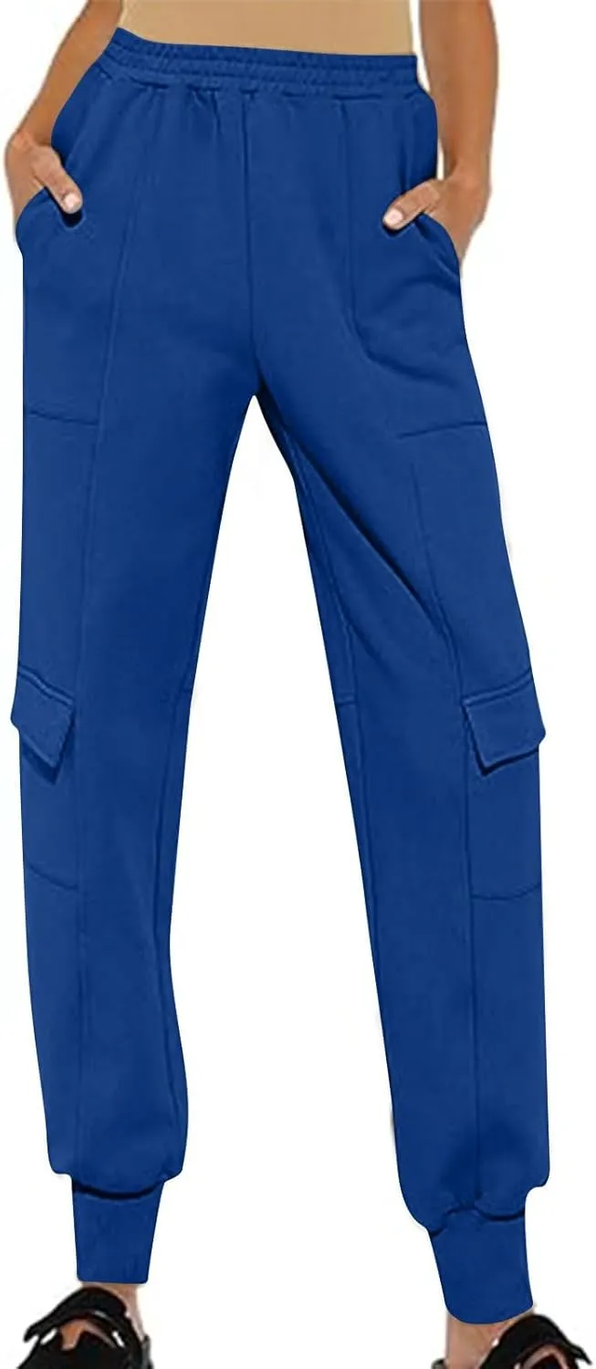Women's Jogger Pant Fall Trendy Elastic Vertical Crop Solid Pant Straight Leg Ankle Bind Slim Sweatpant with Pocket