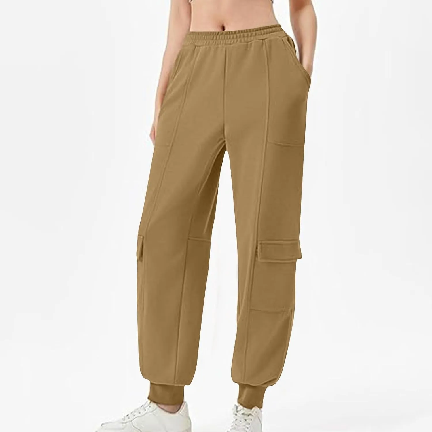 Women's Jogger Pant Fall Trendy Elastic Vertical Crop Solid Pant Straight Leg Ankle Bind Slim Sweatpant with Pocket