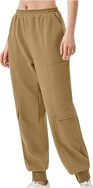 Women's Jogger Pant Fall Trendy Elastic Vertical Crop Solid Pant Straight Leg Ankle Bind Slim Sweatpant with Pocket
