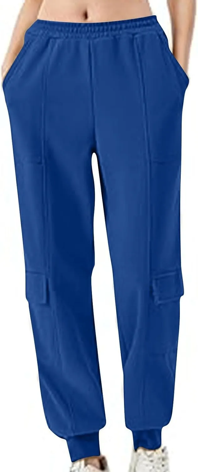 Women's Jogger Pant Fall Trendy Elastic Vertical Crop Solid Pant Straight Leg Ankle Bind Slim Sweatpant with Pocket