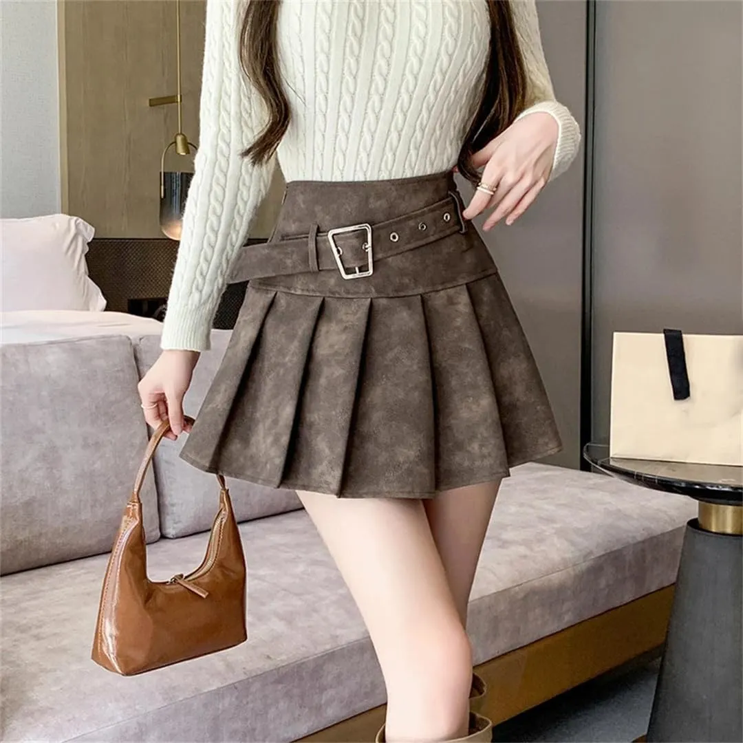 Women's Korean Skirt PU Leather Pleated Skirt A-Line High Waisted Mini Skirt