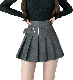 Women's Korean Skirt PU Leather Pleated Skirt A-Line High Waisted Mini Skirt