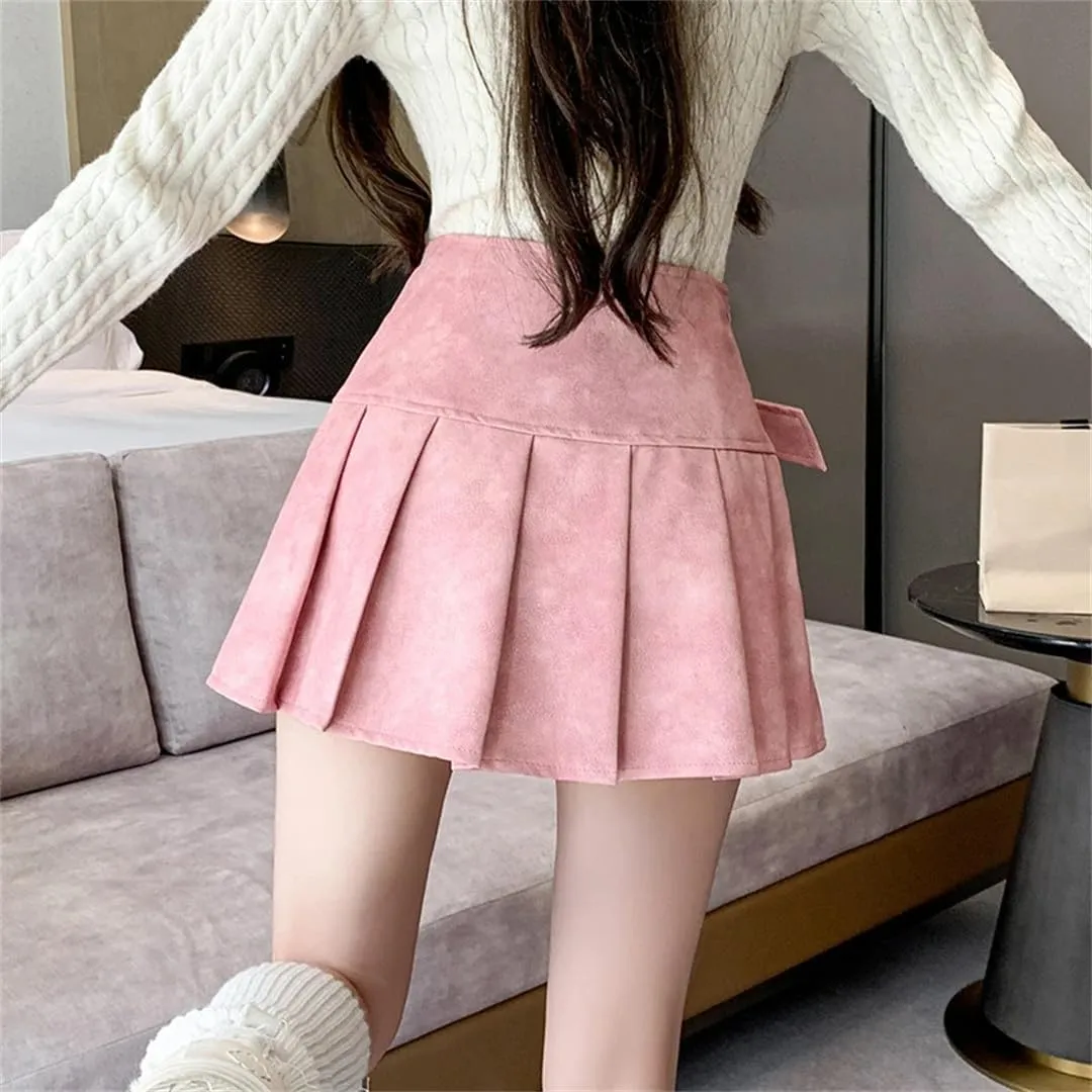 Women's Korean Skirt PU Leather Pleated Skirt A-Line High Waisted Mini Skirt
