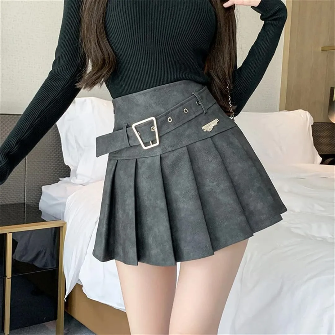 Women's Korean Skirt PU Leather Pleated Skirt A-Line High Waisted Mini Skirt
