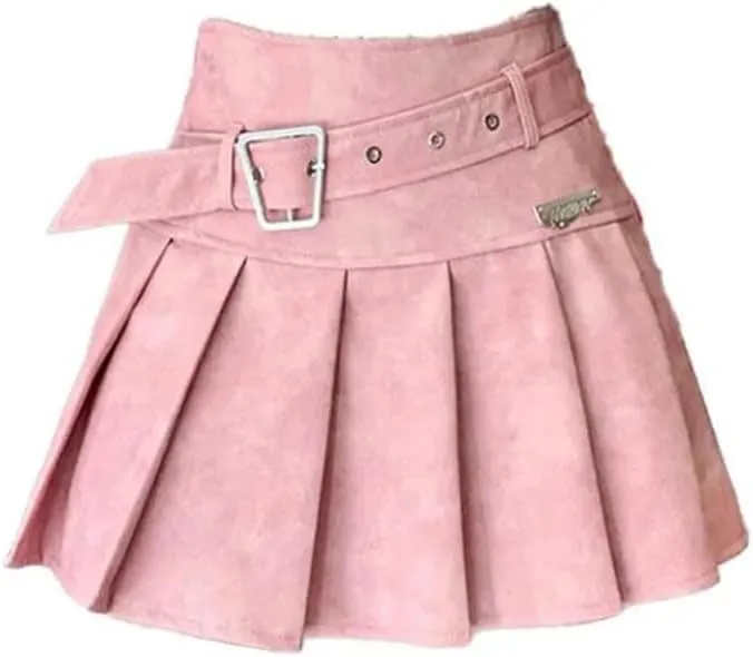 Women's Korean Skirt PU Leather Pleated Skirt A-Line High Waisted Mini Skirt