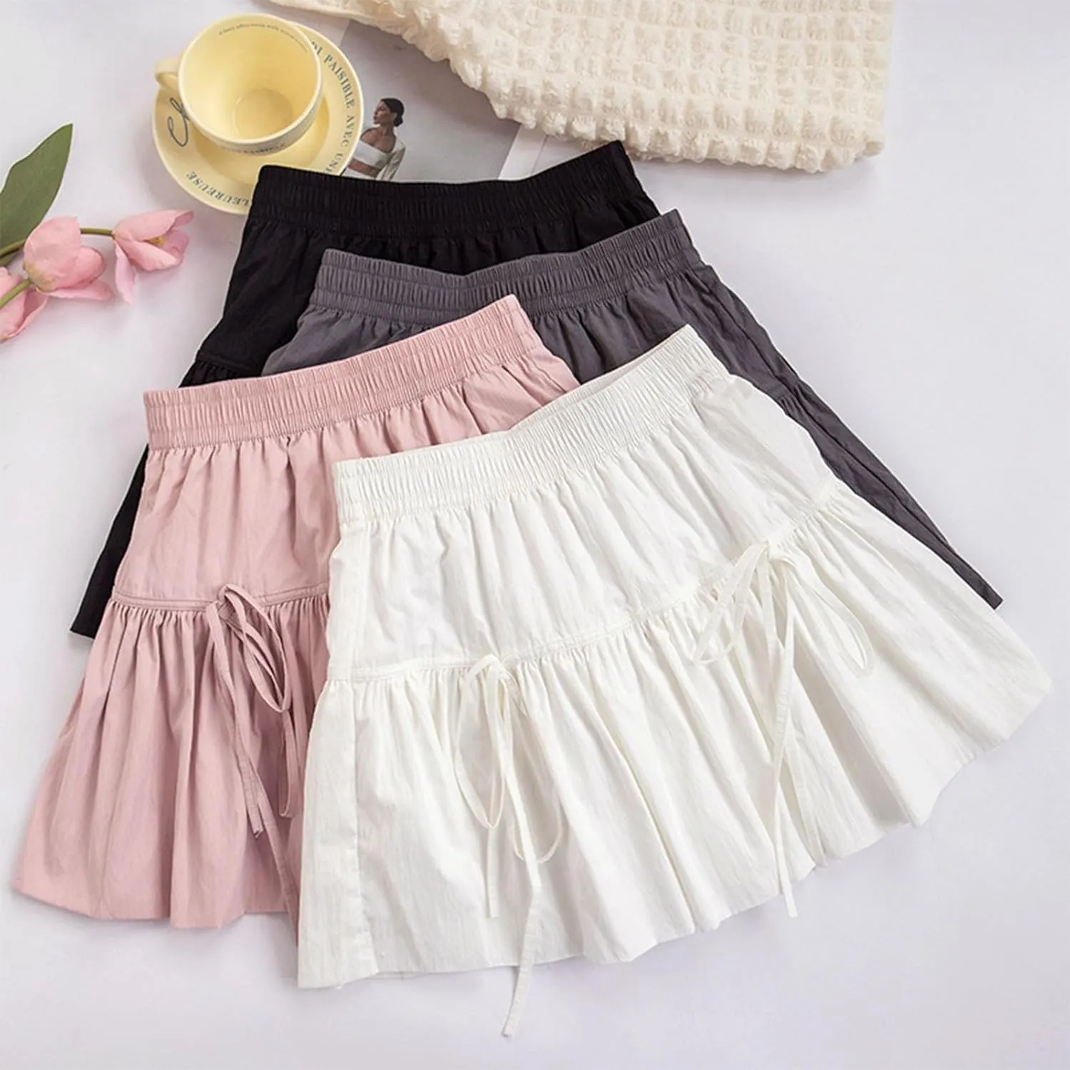 Womens Lace Patchwork Mini Pleated Skirts Irregular Layered Pleated Sexy Elastic Waist Ruffles Lingerie Short Skirts