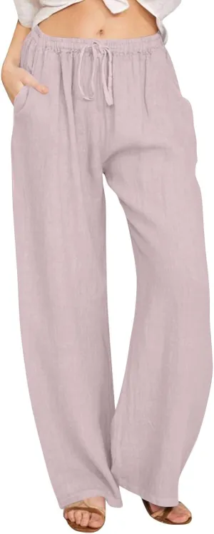 Womens Linen Pants Wide Leg Baggy High Waisted Pants Straight Leg Beach Trousers Flowy Pull on Pants with Pockets