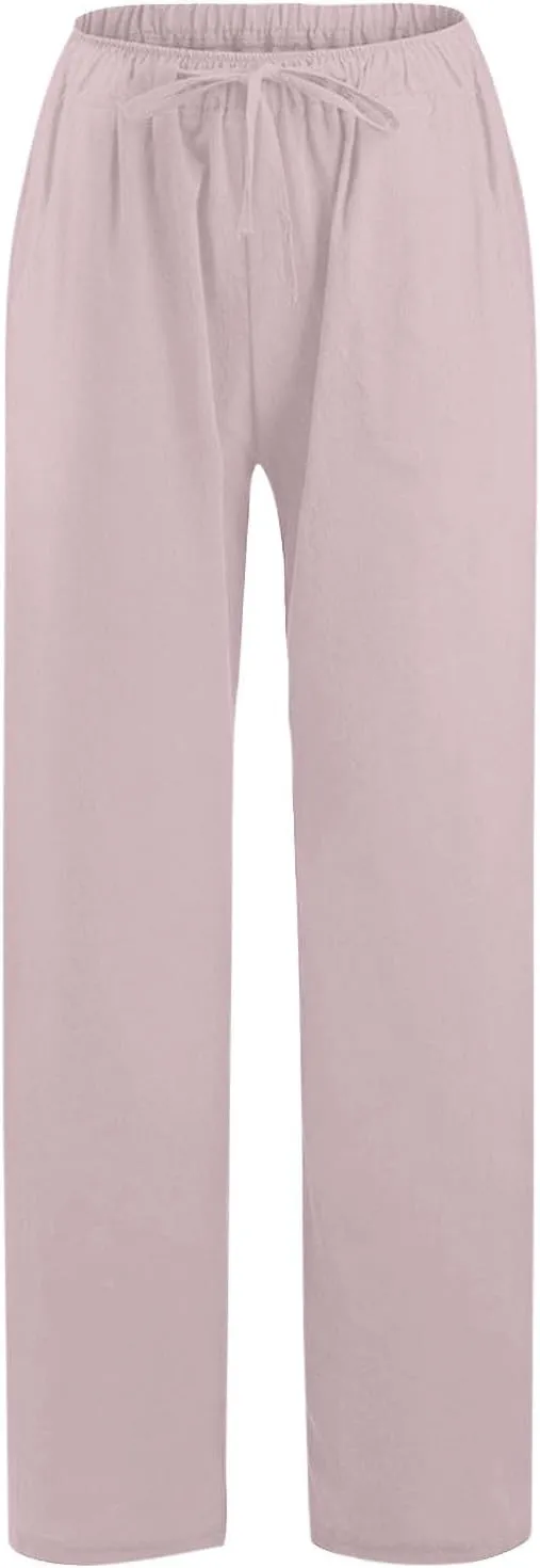 Womens Linen Pants Wide Leg Baggy High Waisted Pants Straight Leg Beach Trousers Flowy Pull on Pants with Pockets