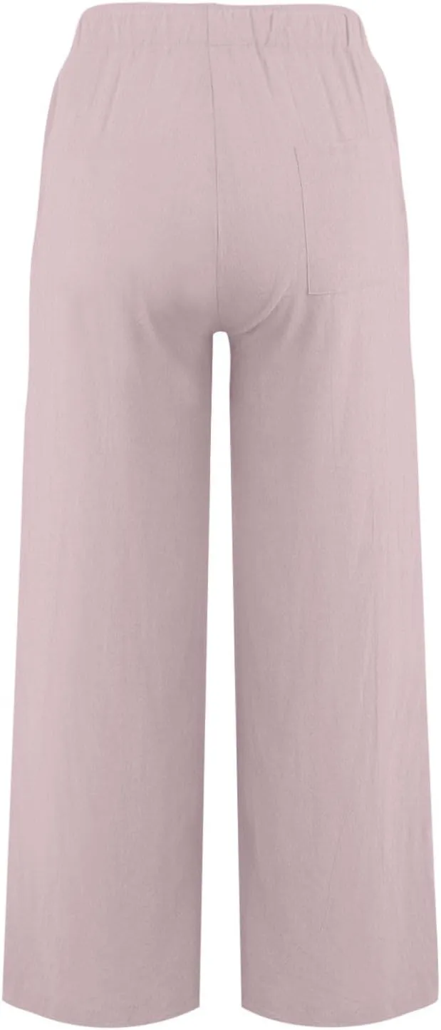 Womens Linen Pants Wide Leg Baggy High Waisted Pants Straight Leg Beach Trousers Flowy Pull on Pants with Pockets