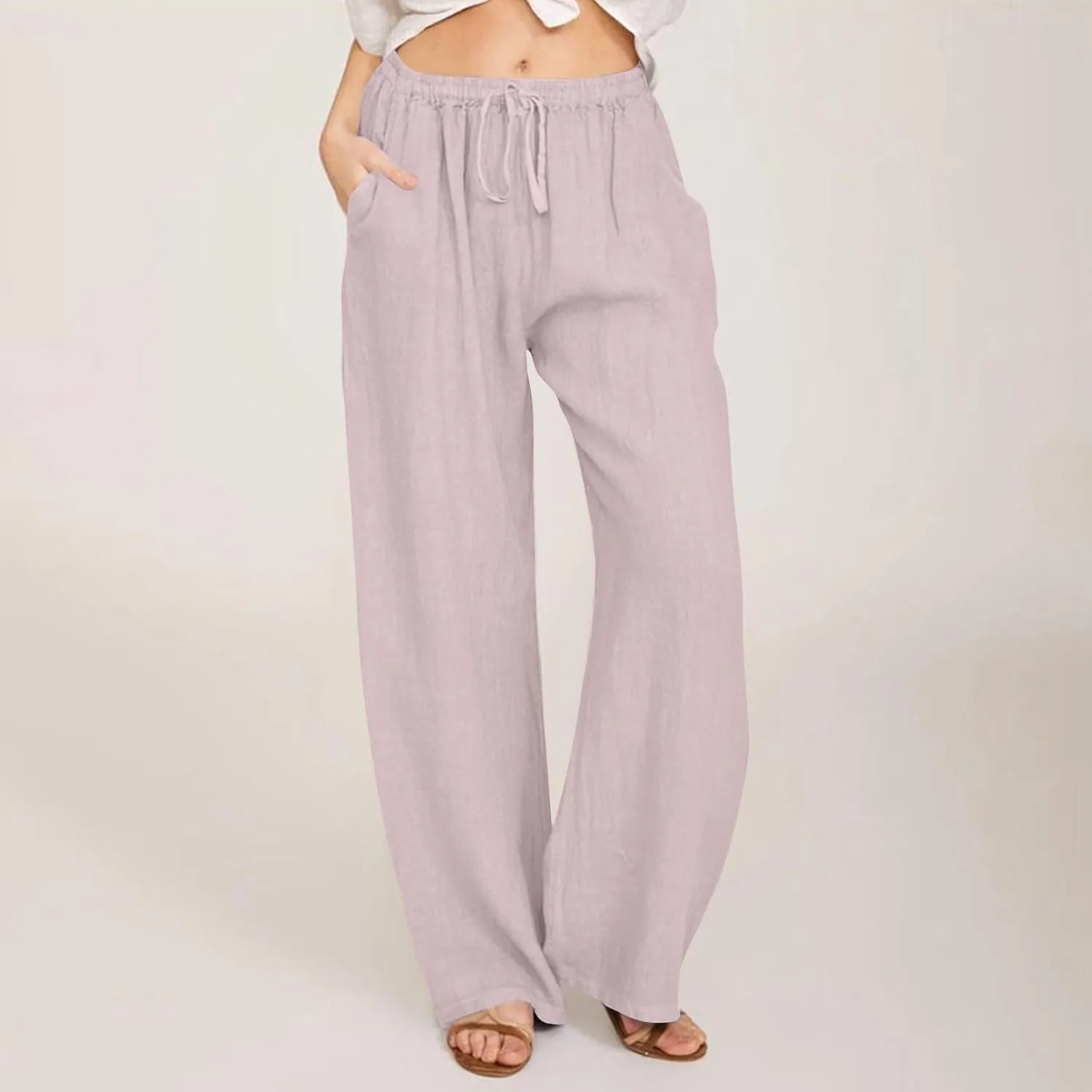 Womens Linen Pants Wide Leg Baggy High Waisted Pants Straight Leg Beach Trousers Flowy Pull on Pants with Pockets