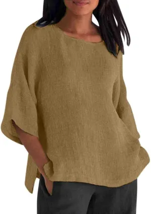 Women's Linen Shirts Casual 3/4 Sleeve Crewneck Solid Color Tunic Tops Loose Fit Plus Size Spring Fall Blouses