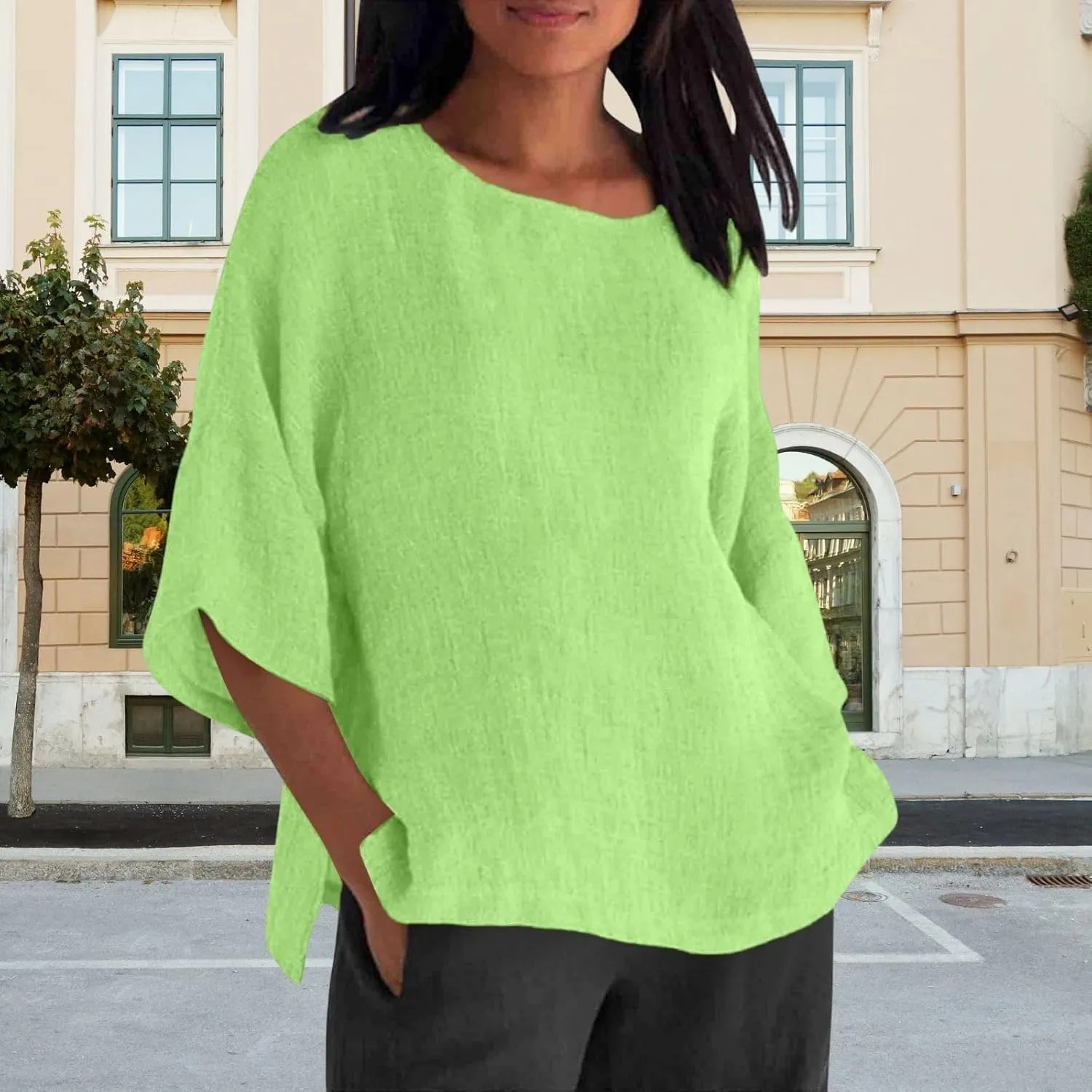 Women's Linen Shirts Casual 3/4 Sleeve Crewneck Solid Color Tunic Tops Loose Fit Plus Size Spring Fall Blouses