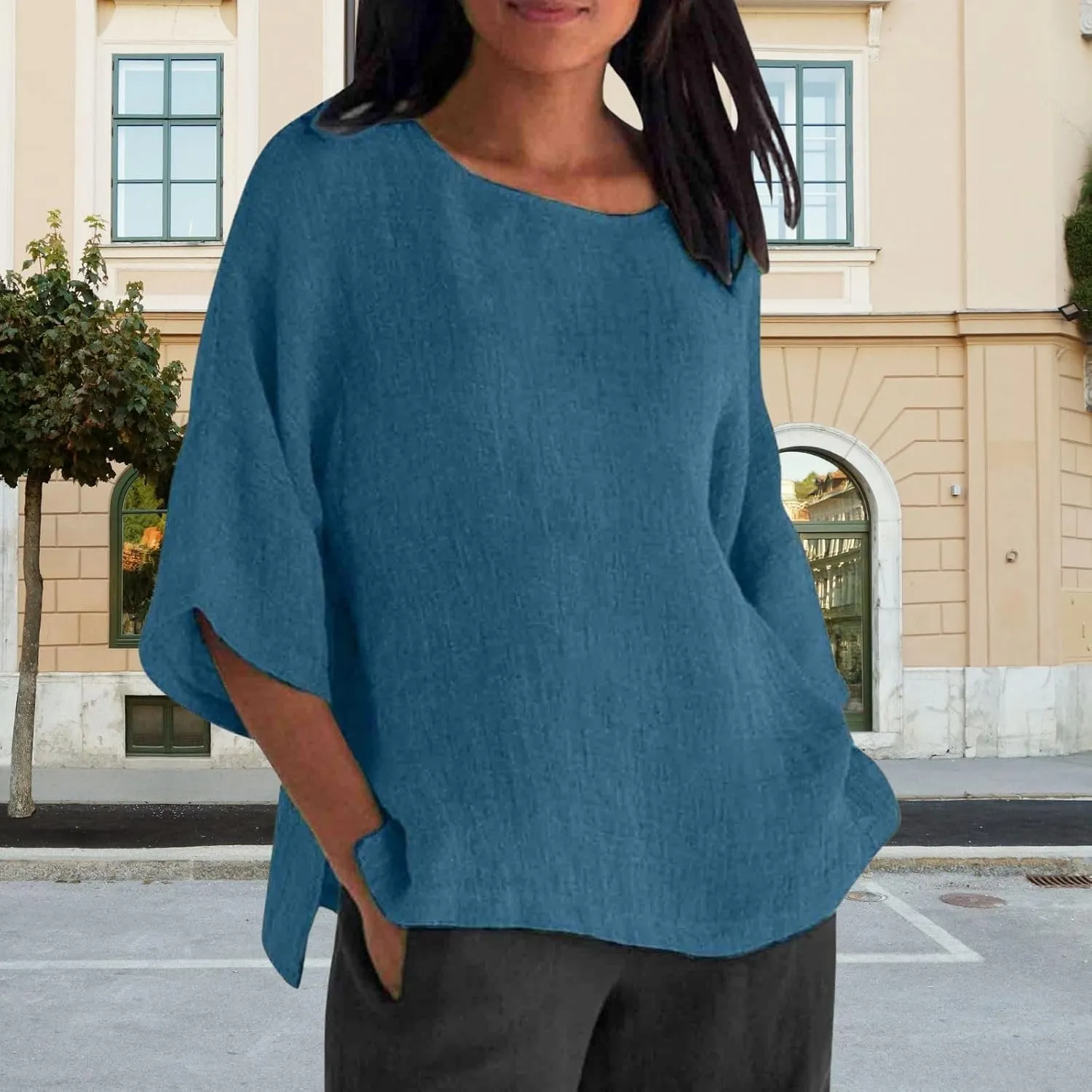 Women's Linen Shirts Casual 3/4 Sleeve Crewneck Solid Color Tunic Tops Loose Fit Plus Size Spring Fall Blouses