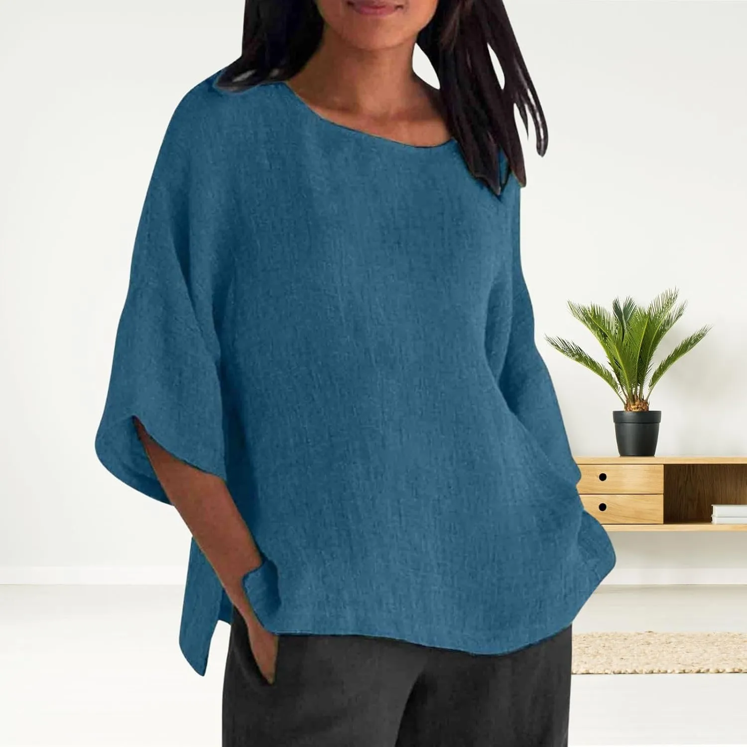 Women's Linen Shirts Casual 3/4 Sleeve Crewneck Solid Color Tunic Tops Loose Fit Plus Size Spring Fall Blouses