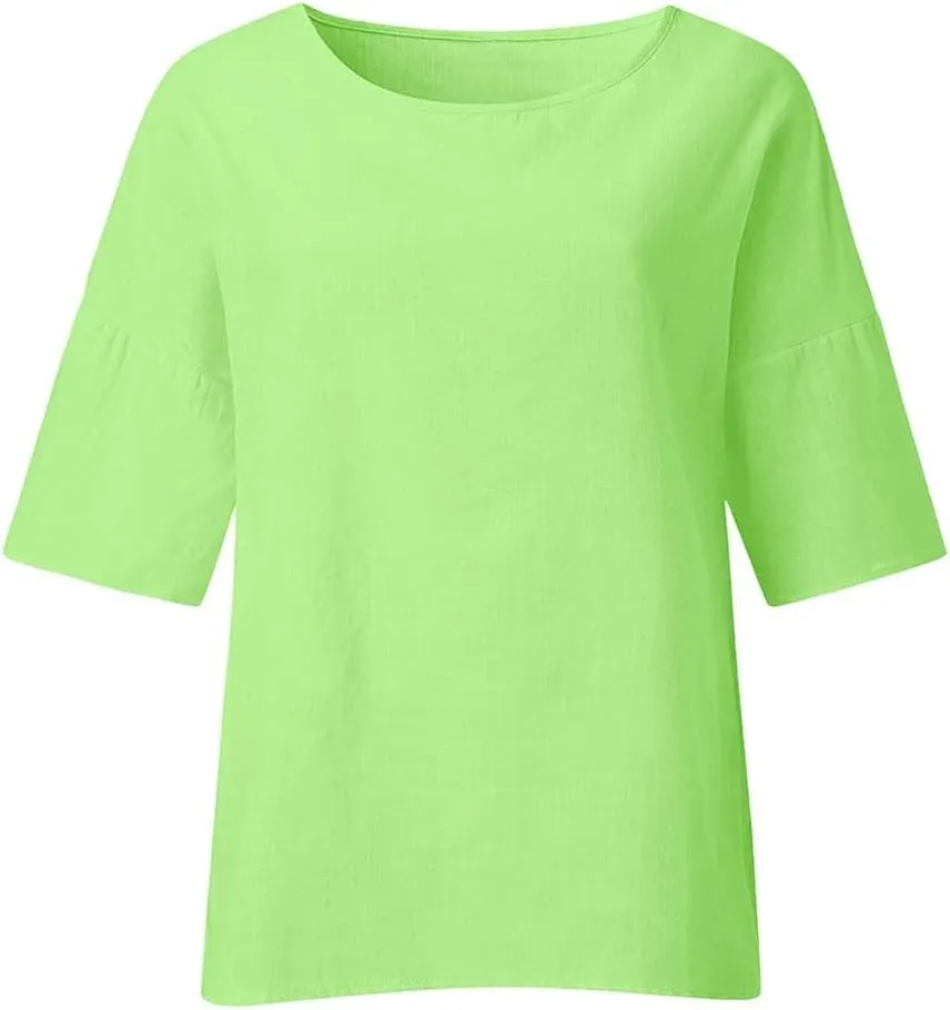 Women's Linen Shirts Casual 3/4 Sleeve Crewneck Solid Color Tunic Tops Loose Fit Plus Size Spring Fall Blouses