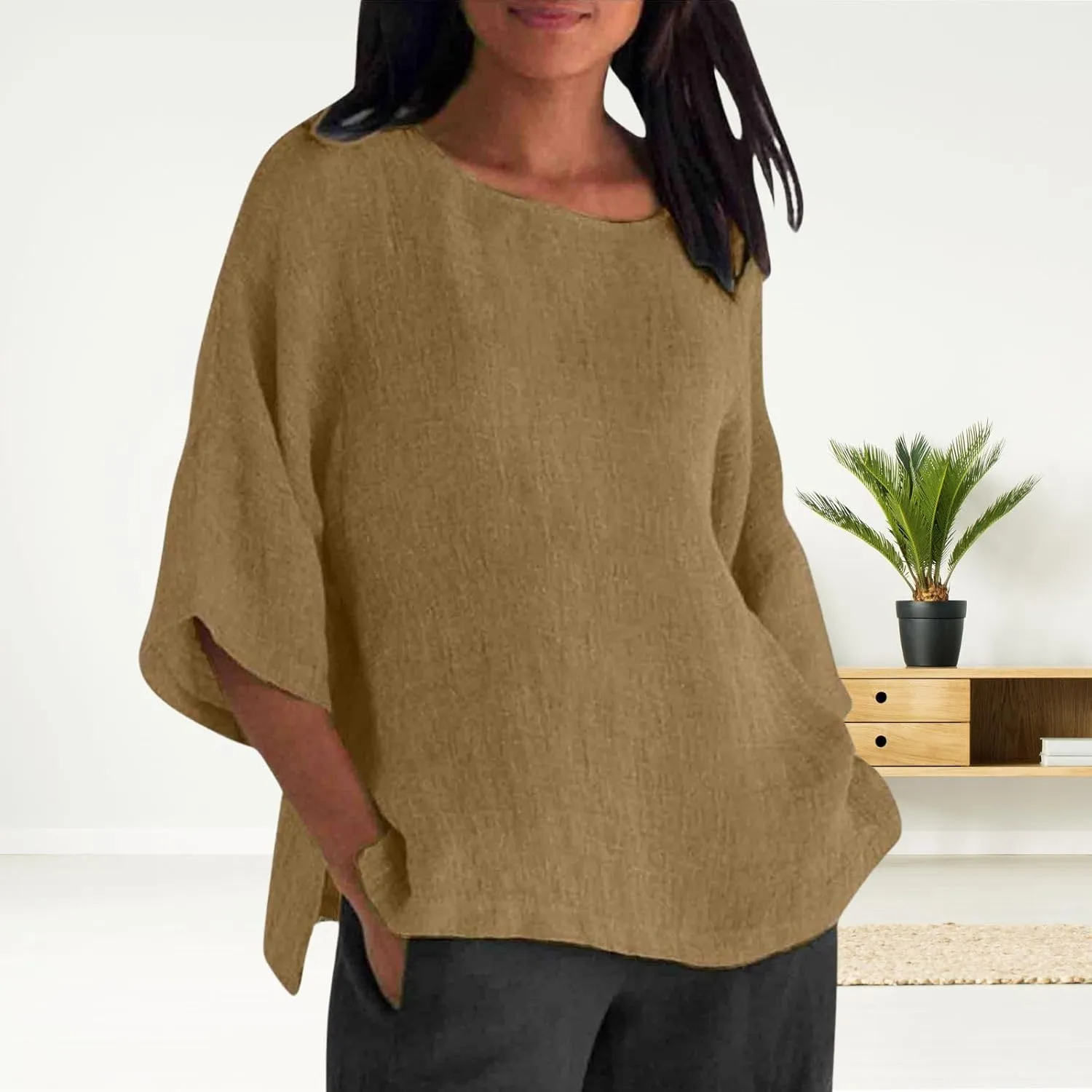 Women's Linen Shirts Casual 3/4 Sleeve Crewneck Solid Color Tunic Tops Loose Fit Plus Size Spring Fall Blouses