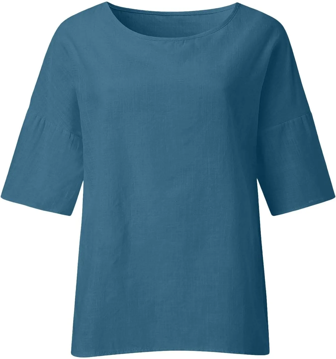 Women's Linen Shirts Casual 3/4 Sleeve Crewneck Solid Color Tunic Tops Loose Fit Plus Size Spring Fall Blouses
