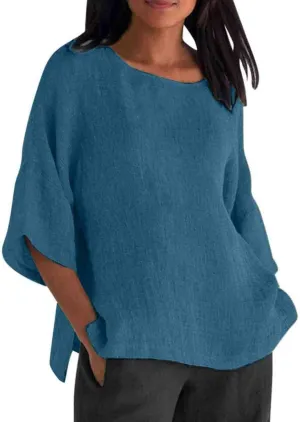 Women's Linen Shirts Casual 3/4 Sleeve Crewneck Solid Color Tunic Tops Loose Fit Plus Size Spring Fall Blouses