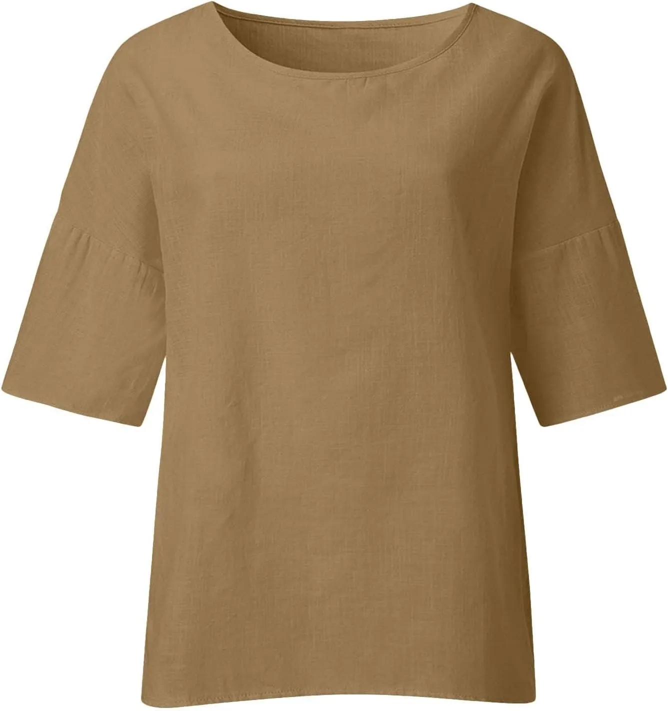 Women's Linen Shirts Casual 3/4 Sleeve Crewneck Solid Color Tunic Tops Loose Fit Plus Size Spring Fall Blouses