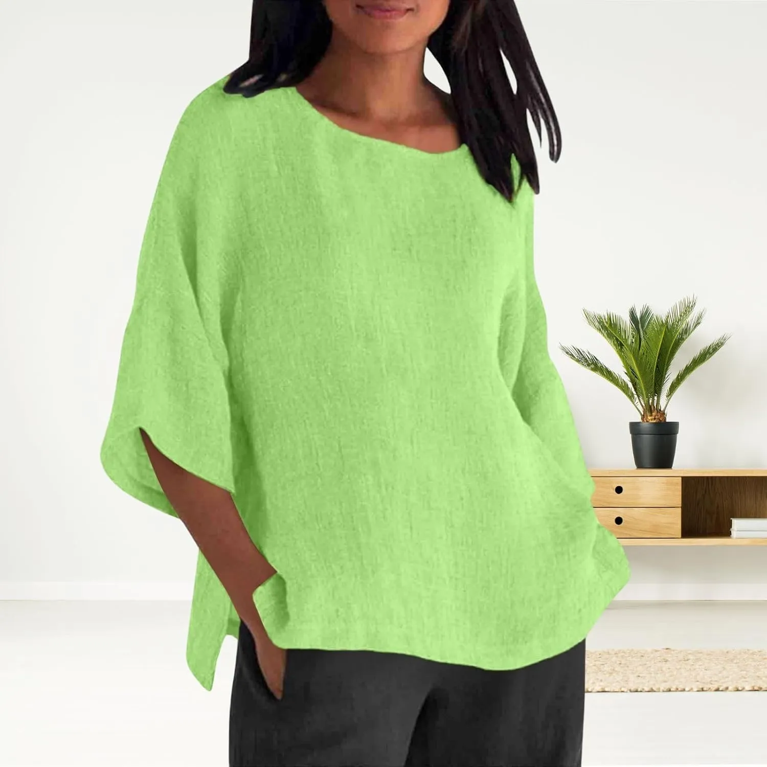 Women's Linen Shirts Casual 3/4 Sleeve Crewneck Solid Color Tunic Tops Loose Fit Plus Size Spring Fall Blouses