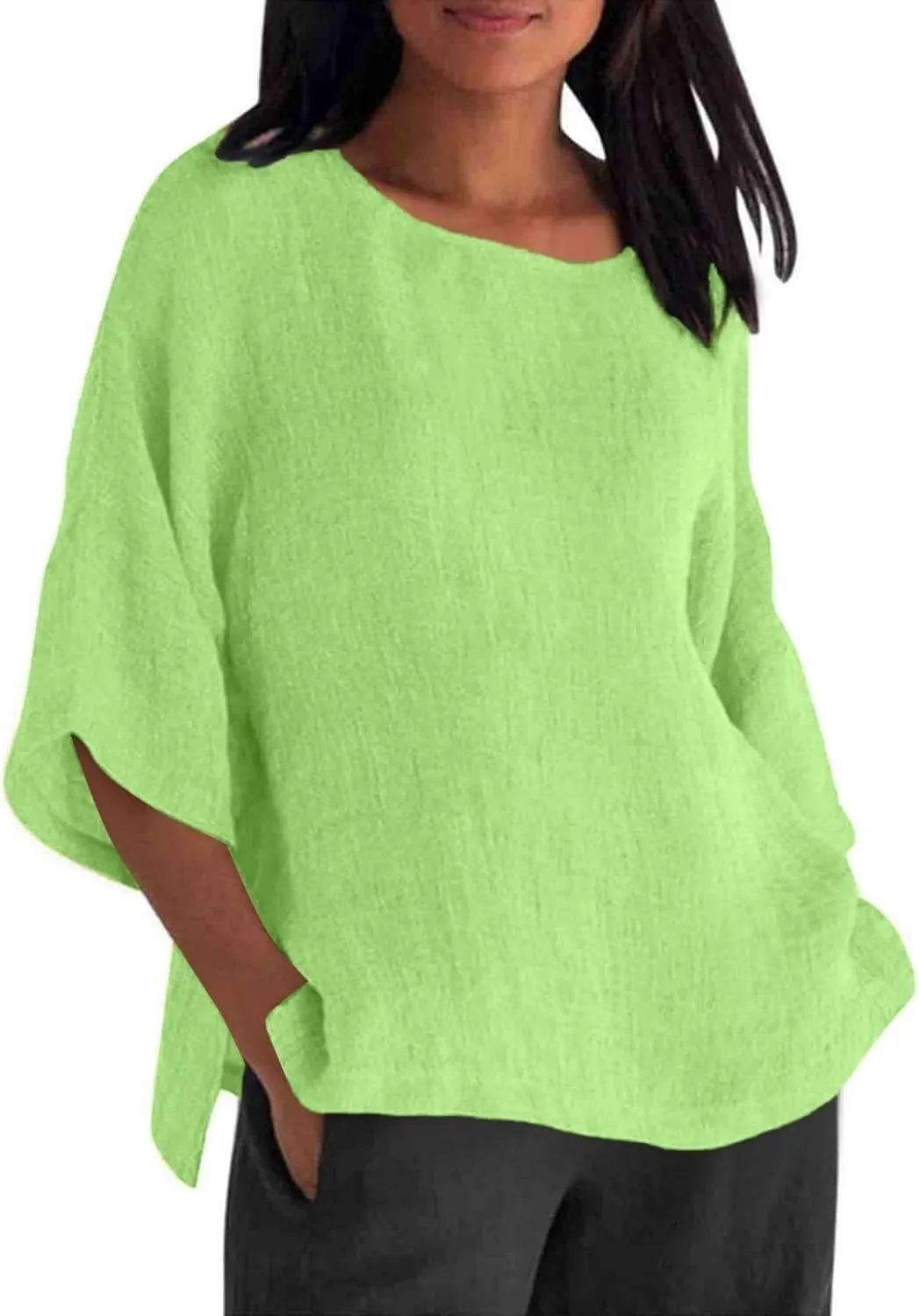 Women's Linen Shirts Casual 3/4 Sleeve Crewneck Solid Color Tunic Tops Loose Fit Plus Size Spring Fall Blouses