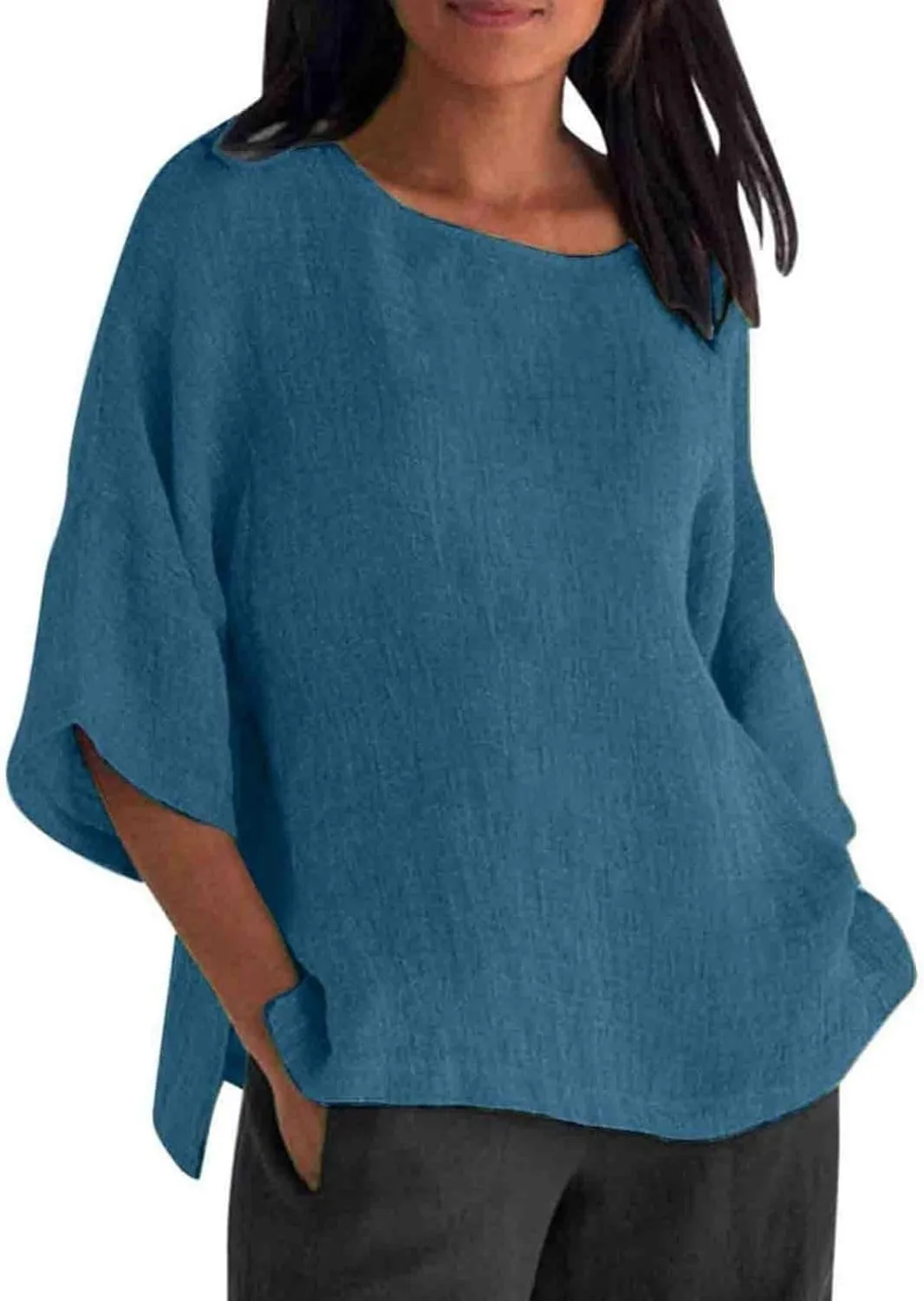 Women's Linen Shirts Casual 3/4 Sleeve Crewneck Solid Color Tunic Tops Loose Fit Plus Size Spring Fall Blouses