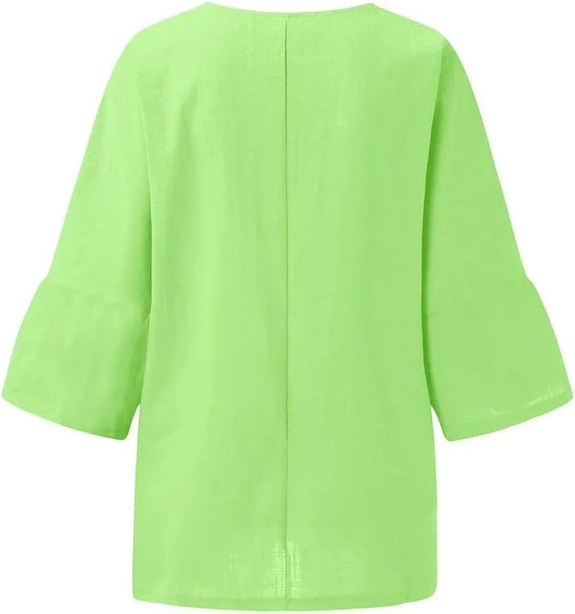 Women's Linen Shirts Casual 3/4 Sleeve Crewneck Solid Color Tunic Tops Loose Fit Plus Size Spring Fall Blouses