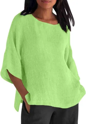 Women's Linen Shirts Casual 3/4 Sleeve Crewneck Solid Color Tunic Tops Loose Fit Plus Size Spring Fall Blouses