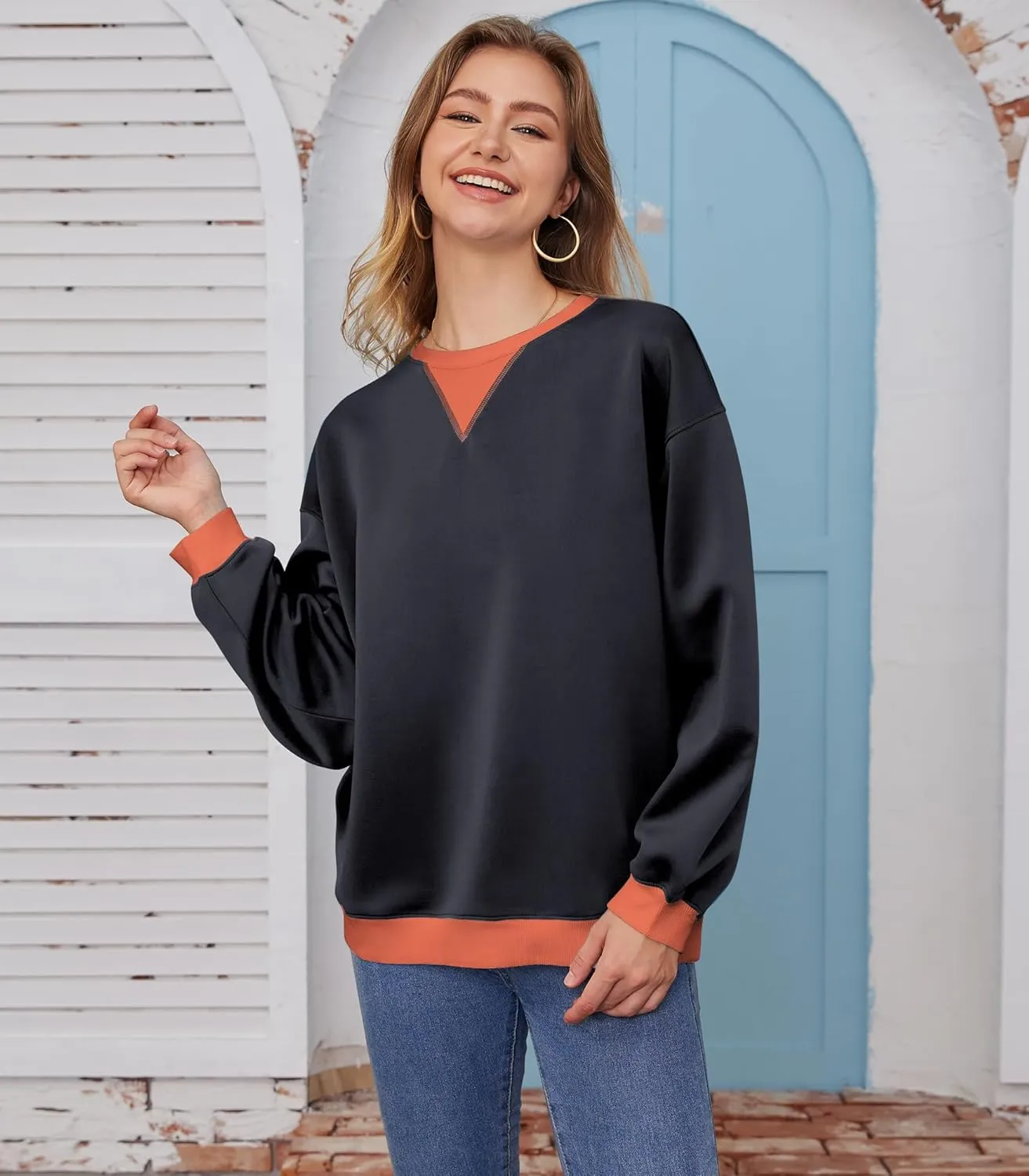 Womens Long Sleeve Color Block Sweatshirts Y2K Crew Neck Oversized Pullover Fall Sweaters Tops with Two Pockets