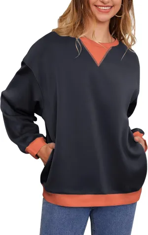 Womens Long Sleeve Color Block Sweatshirts Y2K Crew Neck Oversized Pullover Fall Sweaters Tops with Two Pockets