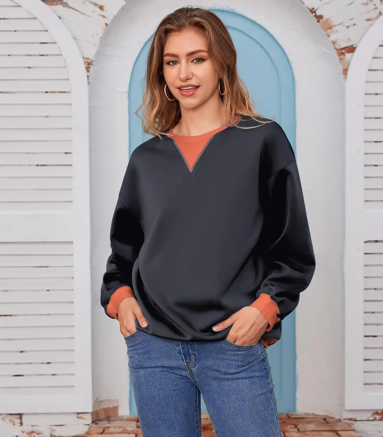 Womens Long Sleeve Color Block Sweatshirts Y2K Crew Neck Oversized Pullover Fall Sweaters Tops with Two Pockets