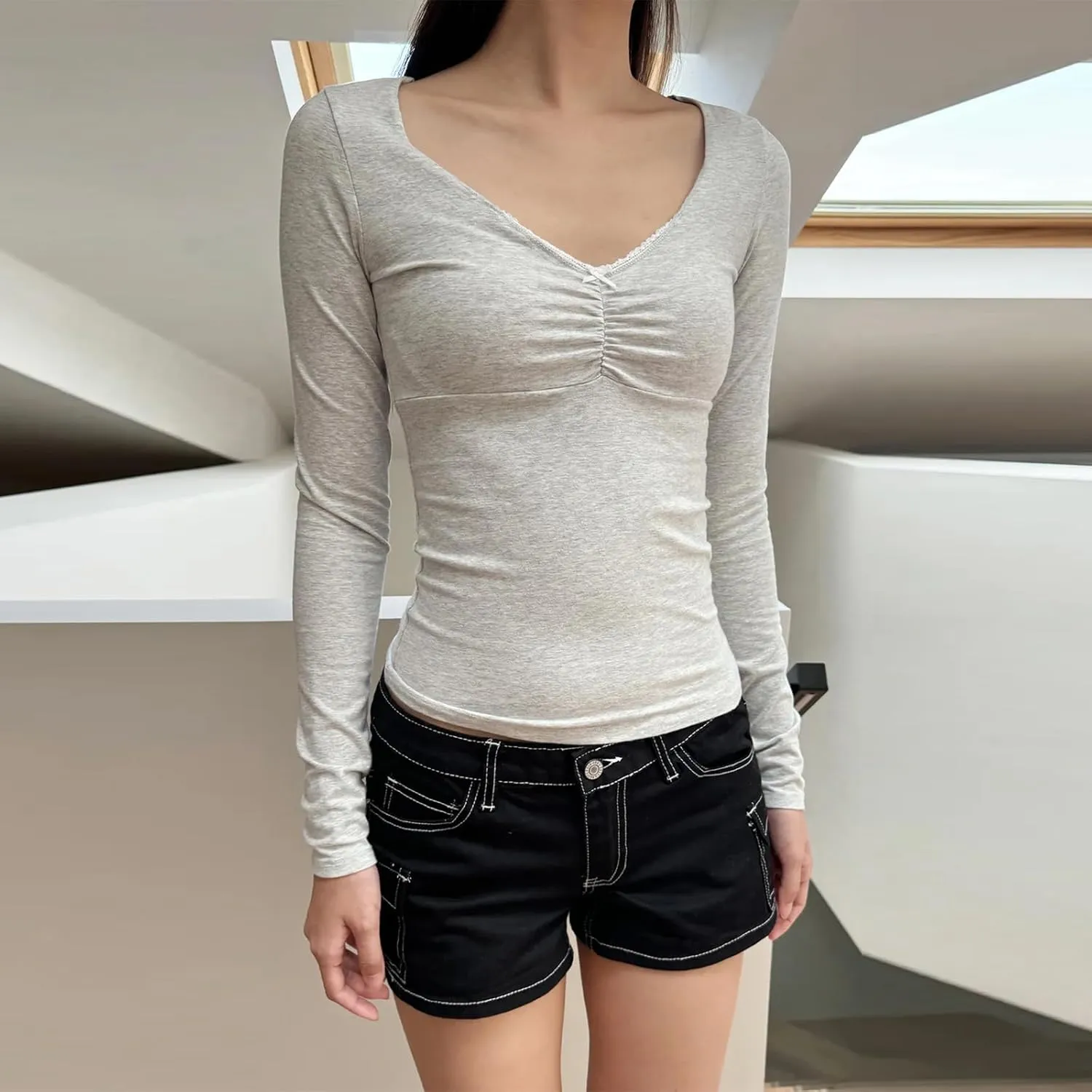 Women's Long Sleeve Lace Trim Tops Sexy Deep V Neck Slim Fit Causal Blouses Spring Fall Fashion Ruched Streetwear
