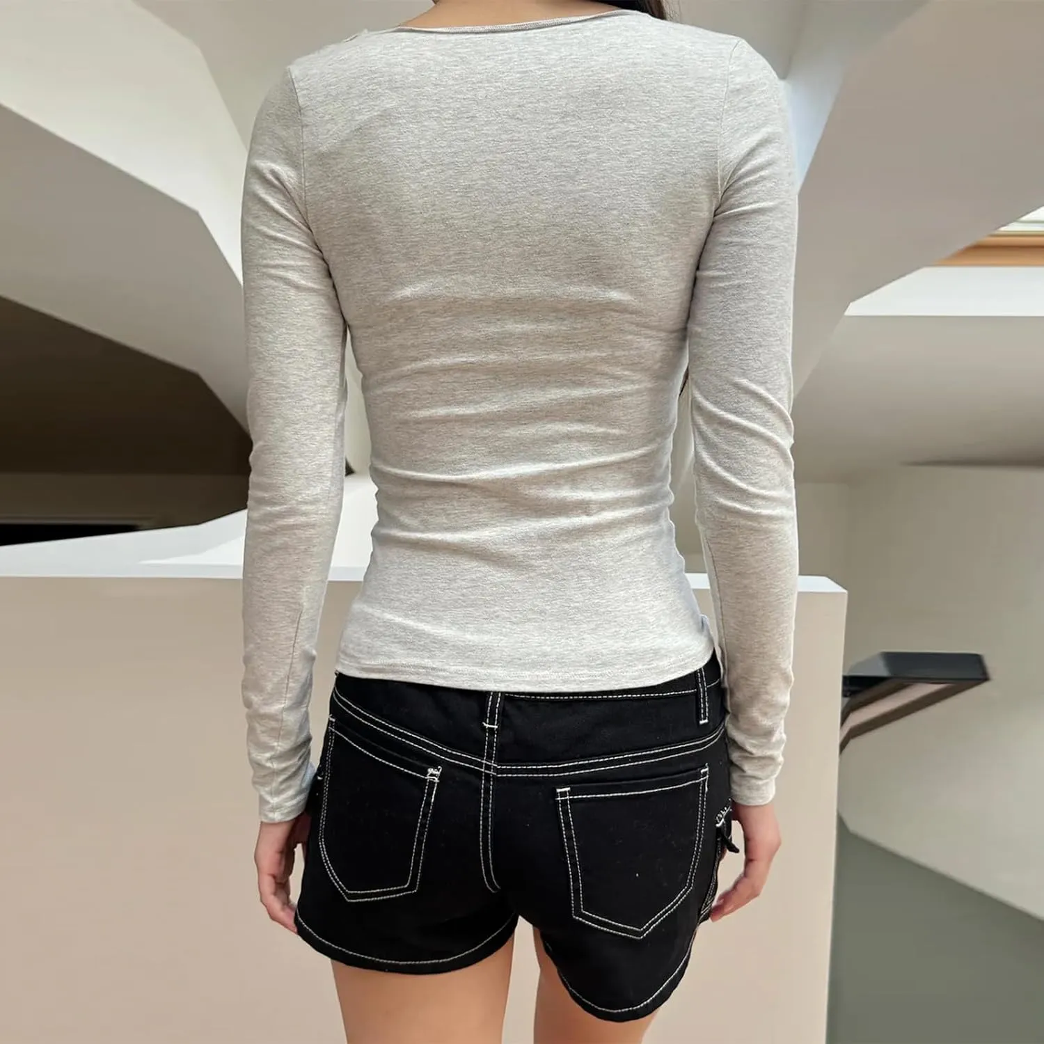 Women's Long Sleeve Lace Trim Tops Sexy Deep V Neck Slim Fit Causal Blouses Spring Fall Fashion Ruched Streetwear