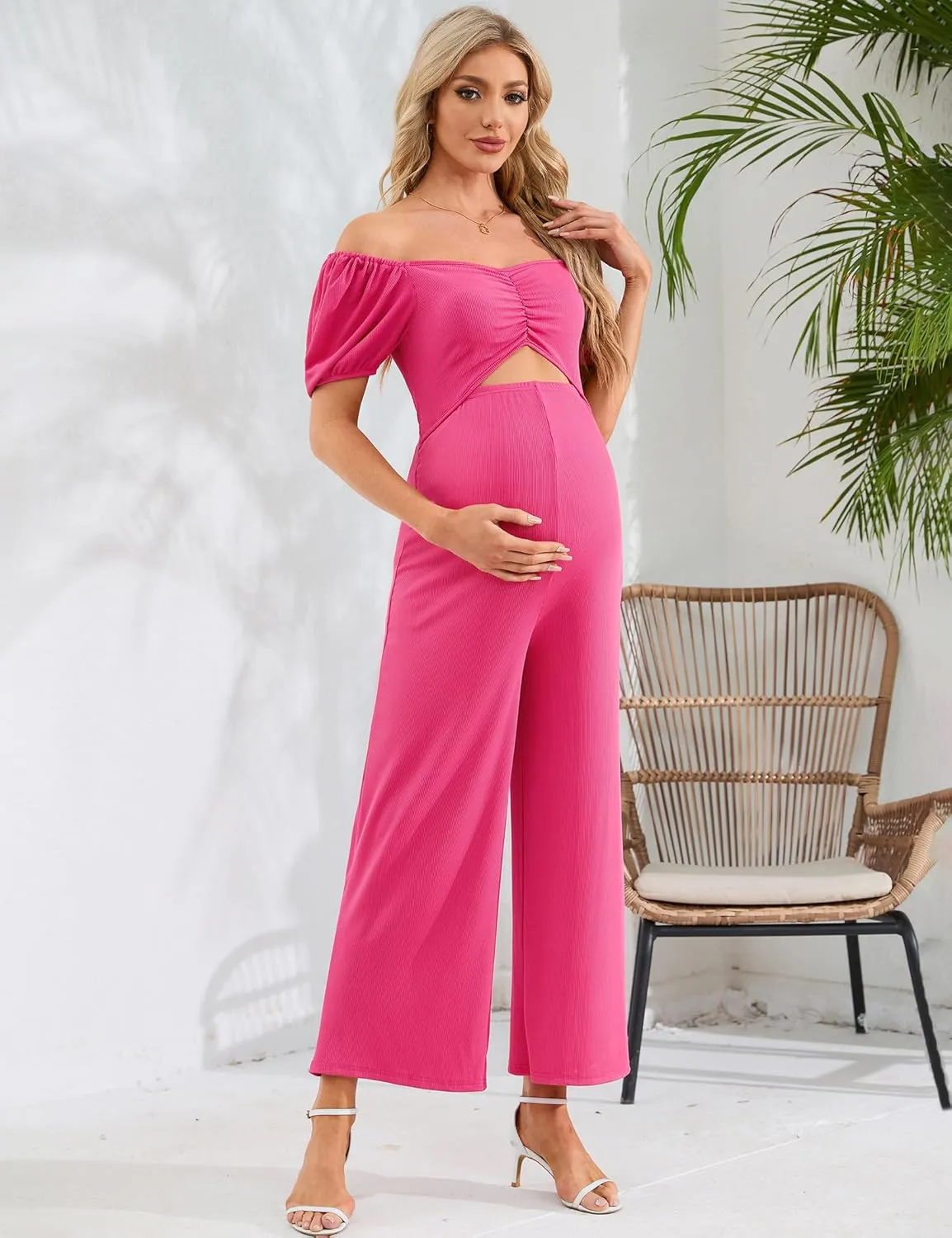 Women's Maternity Summer Cutout Jumpsuits Puff Short Sleeve Sweetheart Neck Ruffle Casual High Waist Wide leg Rompers