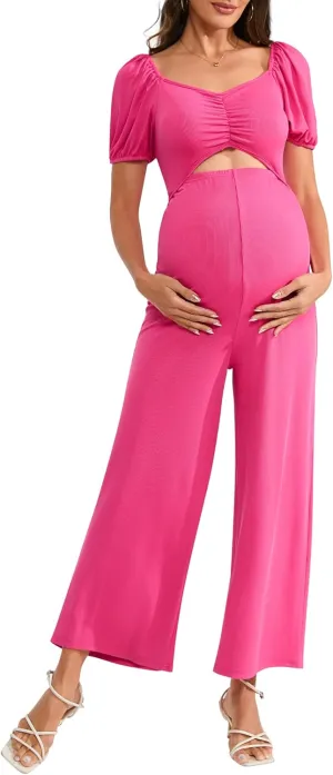 Women's Maternity Summer Cutout Jumpsuits Puff Short Sleeve Sweetheart Neck Ruffle Casual High Waist Wide leg Rompers