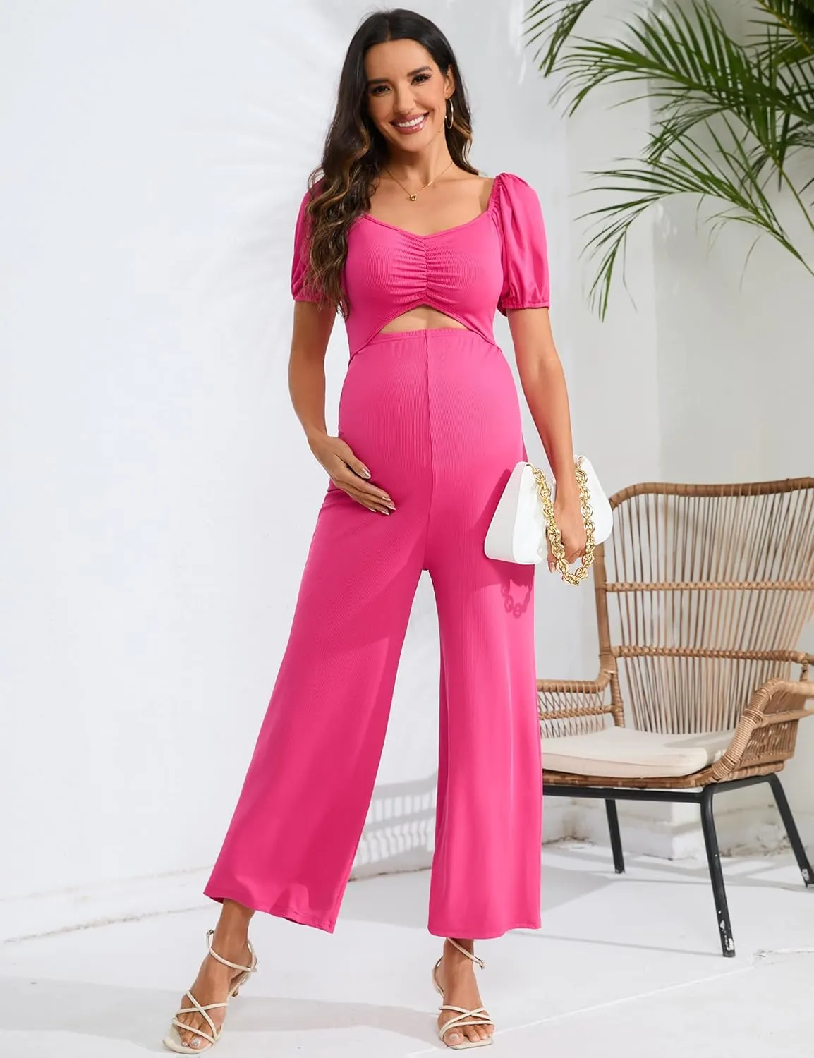 Women's Maternity Summer Cutout Jumpsuits Puff Short Sleeve Sweetheart Neck Ruffle Casual High Waist Wide leg Rompers